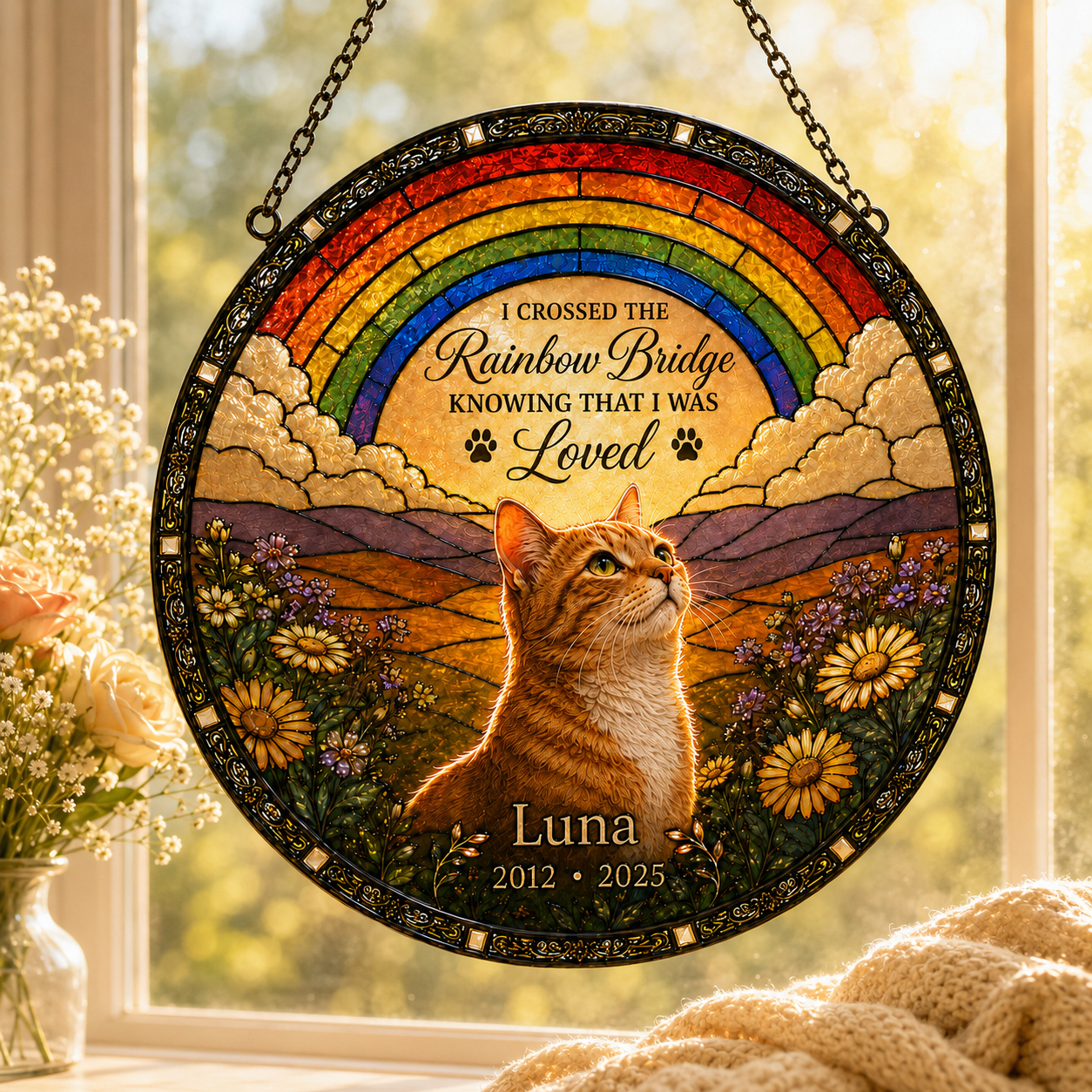 Personalized Rainbow Bridge Cat Memorial Glass Suncatcher