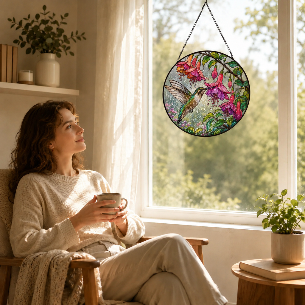 Hummingbird & Fuchsia Stained Glass Suncatcher