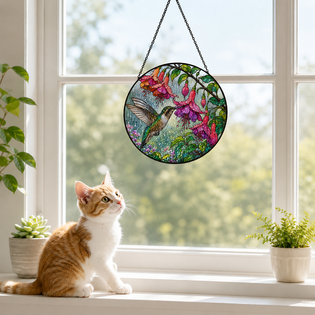 Hummingbird & Fuchsia Stained Glass Suncatcher