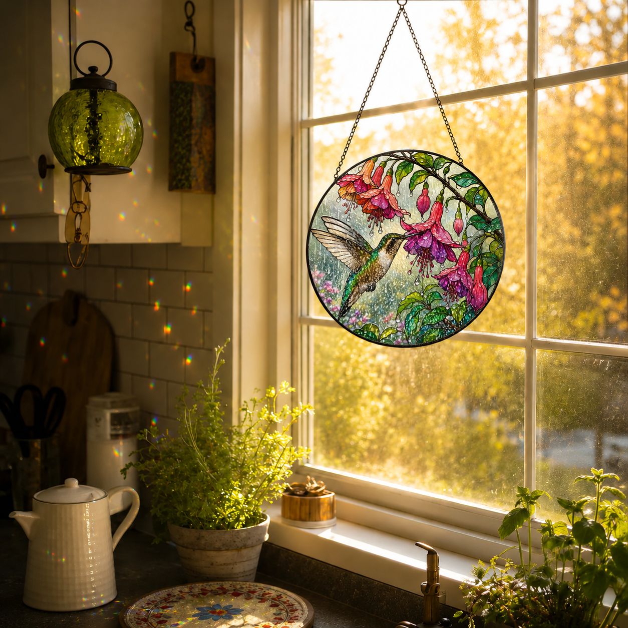 Hummingbird & Fuchsia Stained Glass Suncatcher