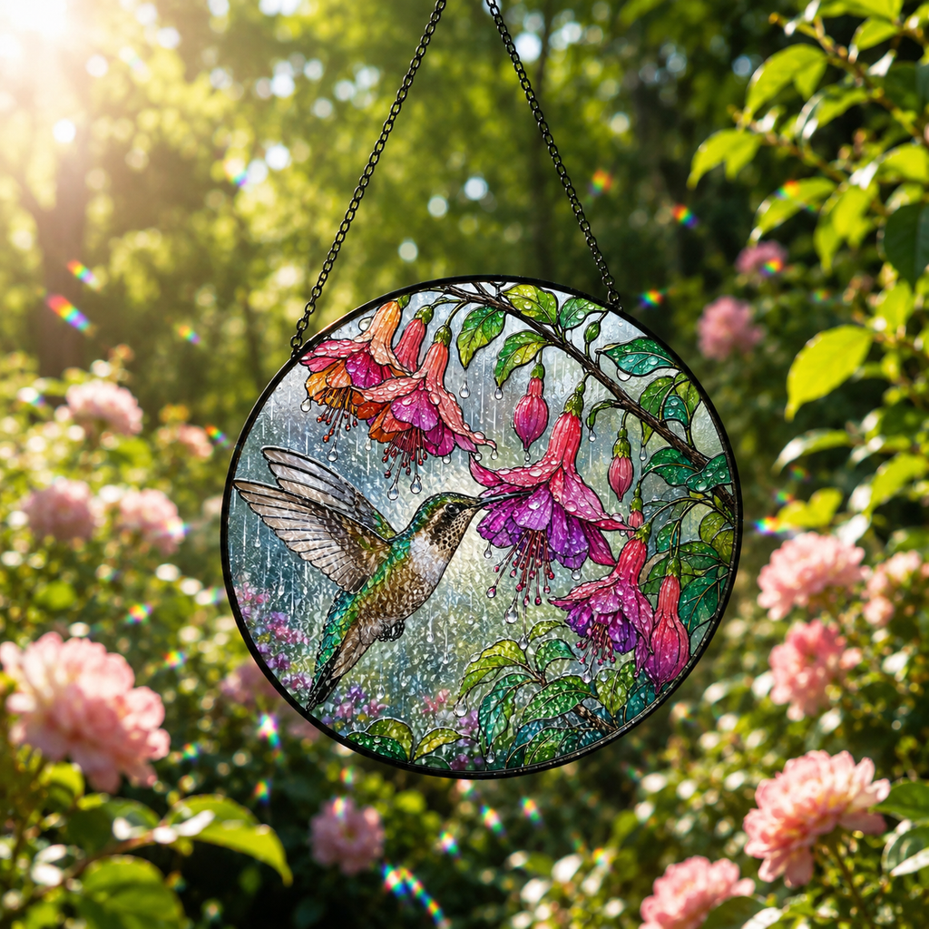 Hummingbird & Fuchsia Stained Glass Suncatcher
