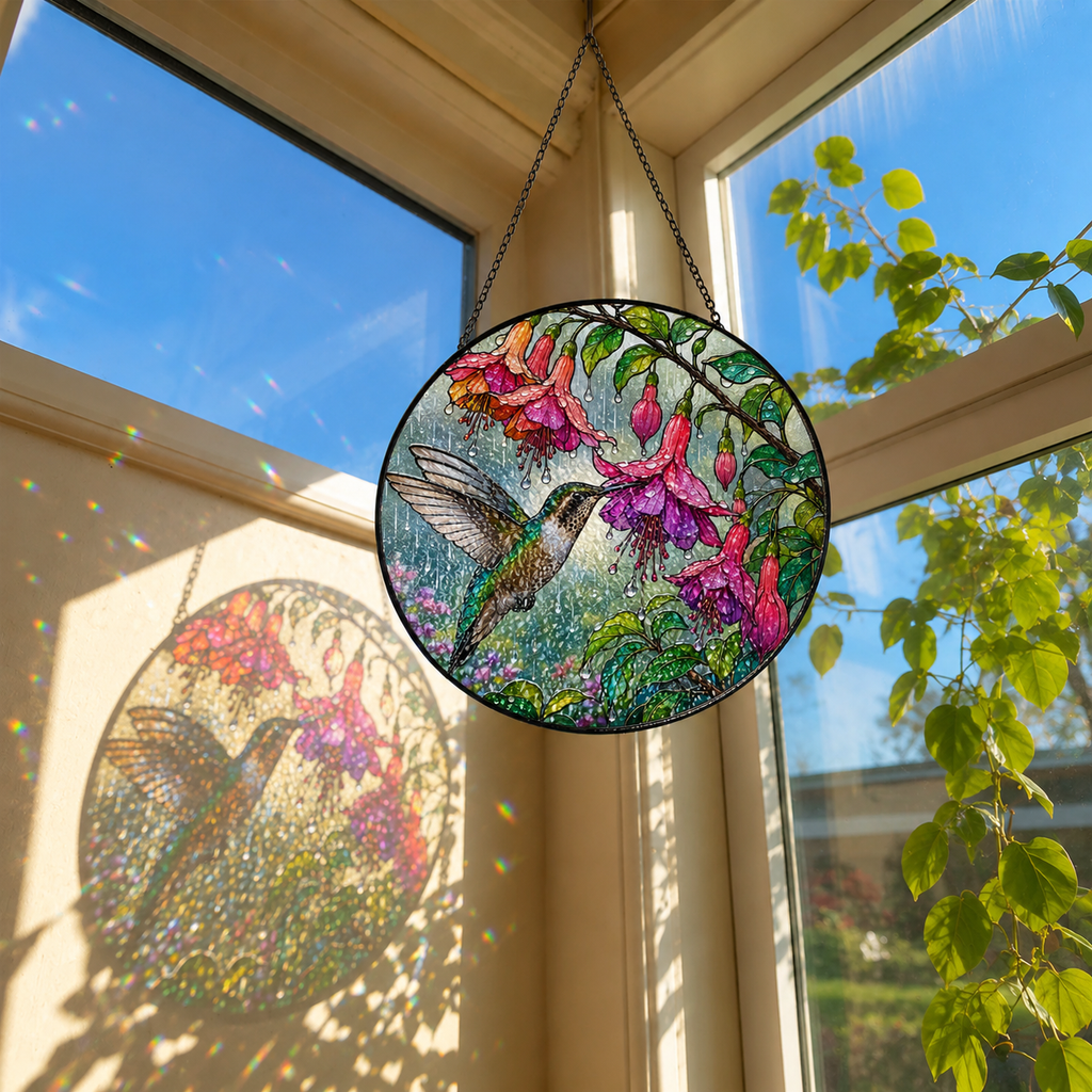 Hummingbird & Fuchsia Stained Glass Suncatcher