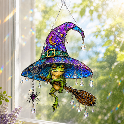 Witch Hat Frog & Broomstick Holographic Acrylic Suncatcher