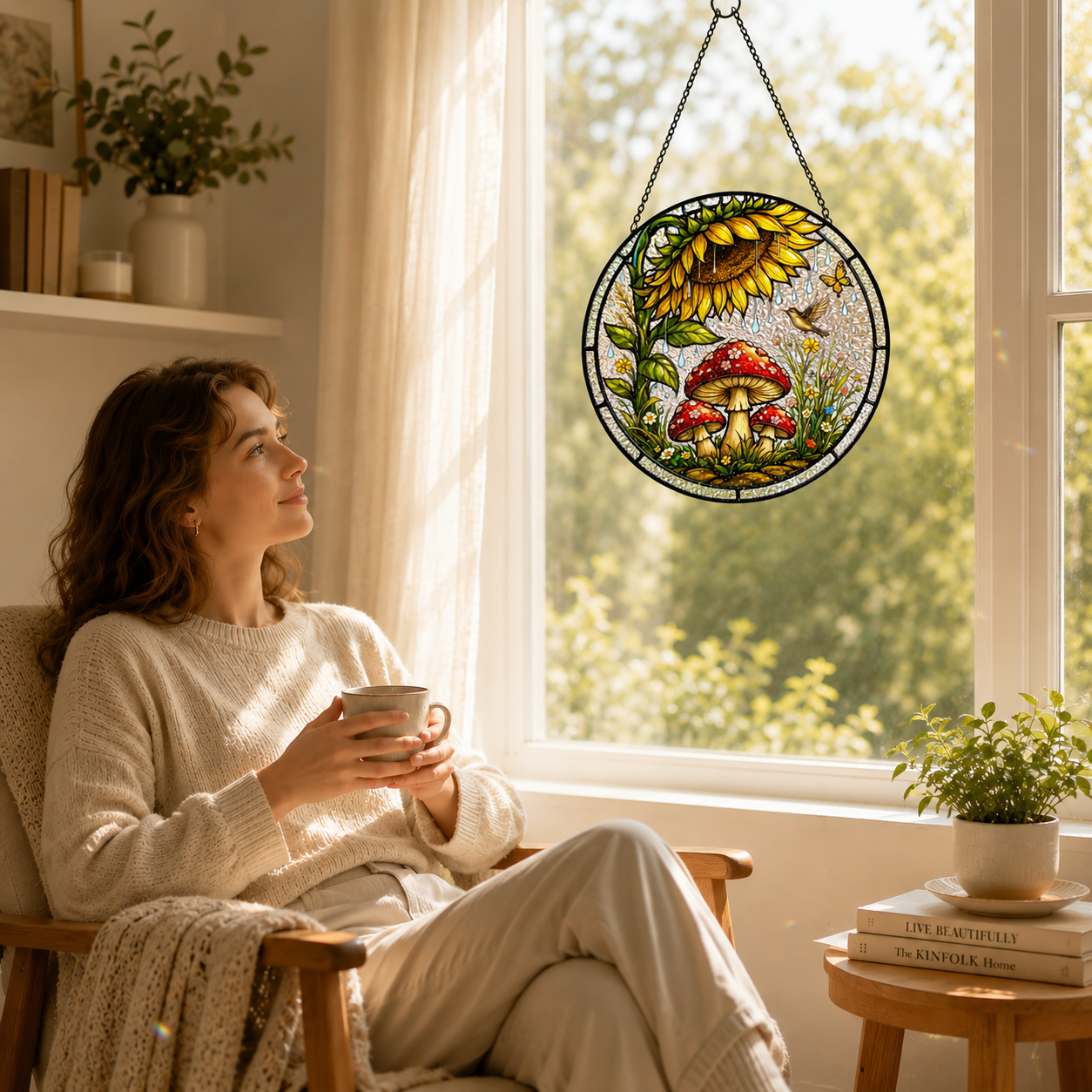 Sunflower Mushroom Stained Glass Suncatcher
