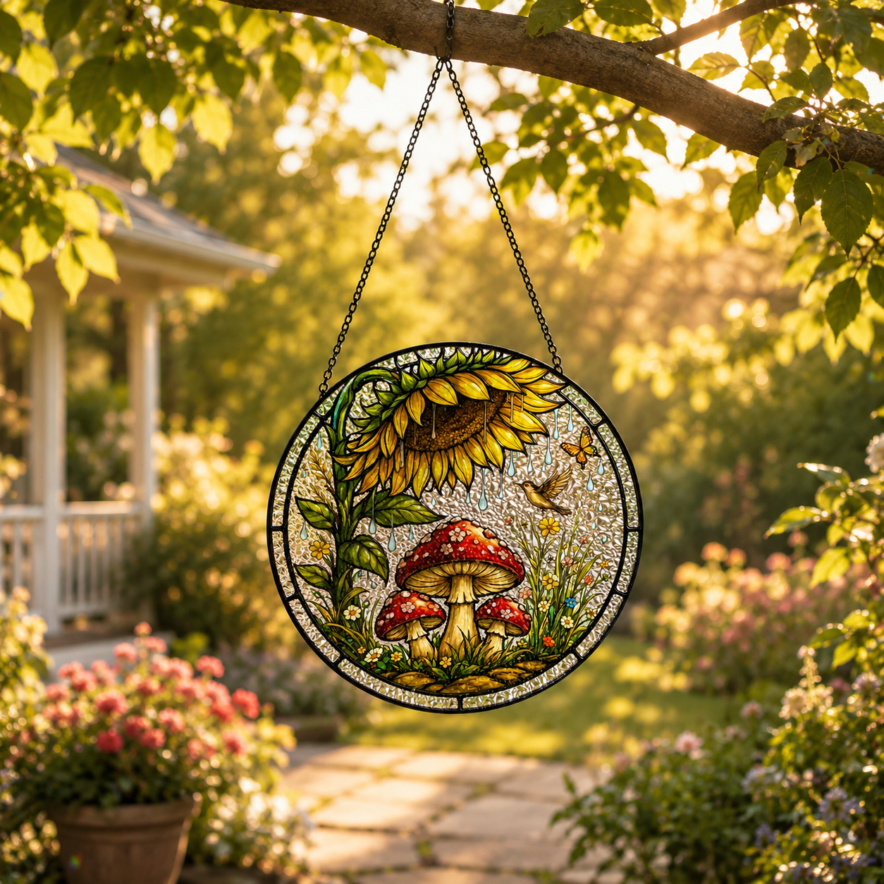 Sunflower Mushroom Stained Glass Suncatcher