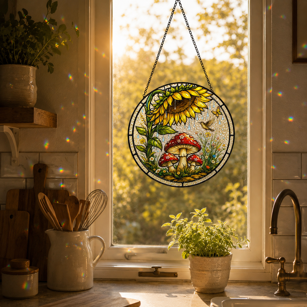 Sunflower Mushroom Stained Glass Suncatcher
