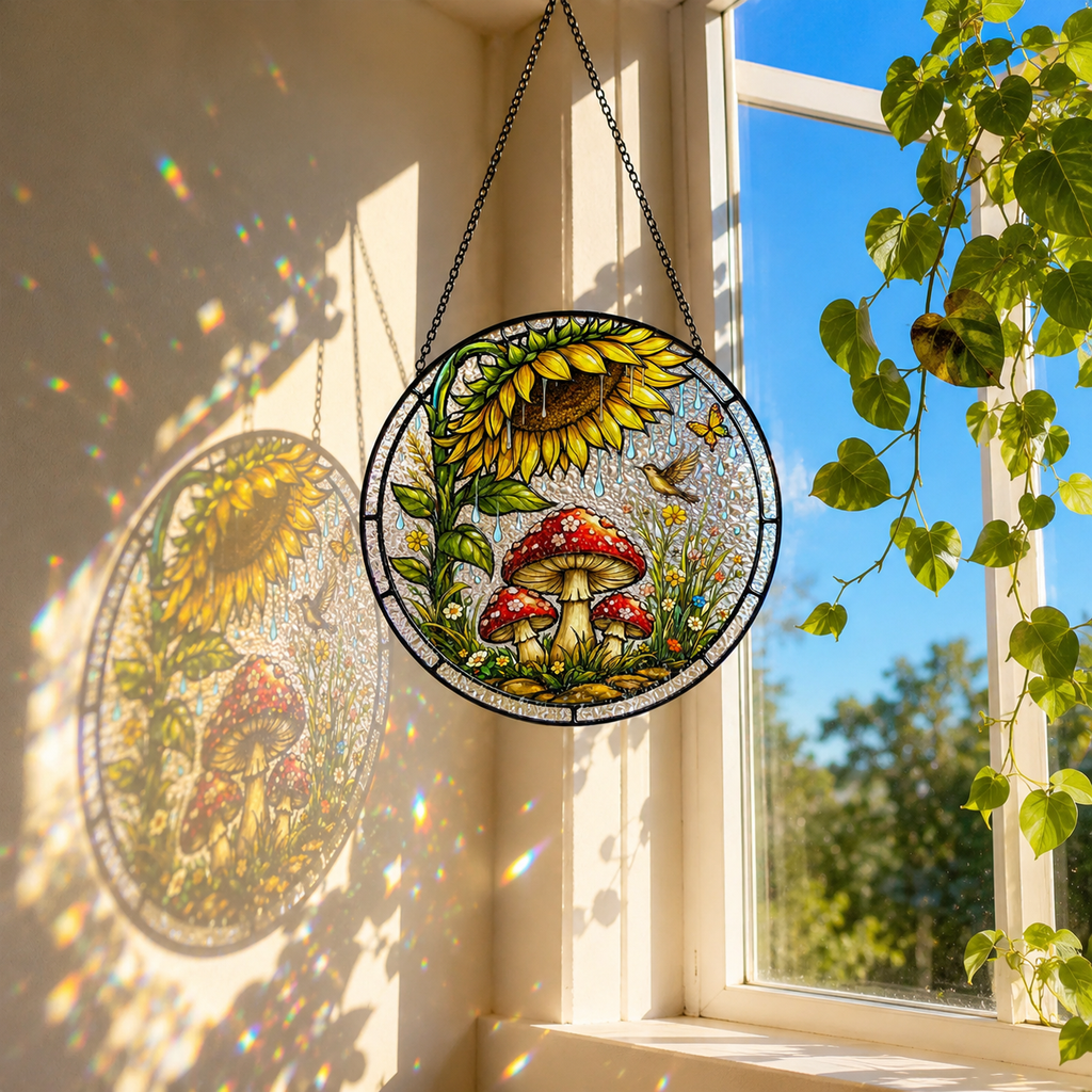 Sunflower Mushroom Stained Glass Suncatcher