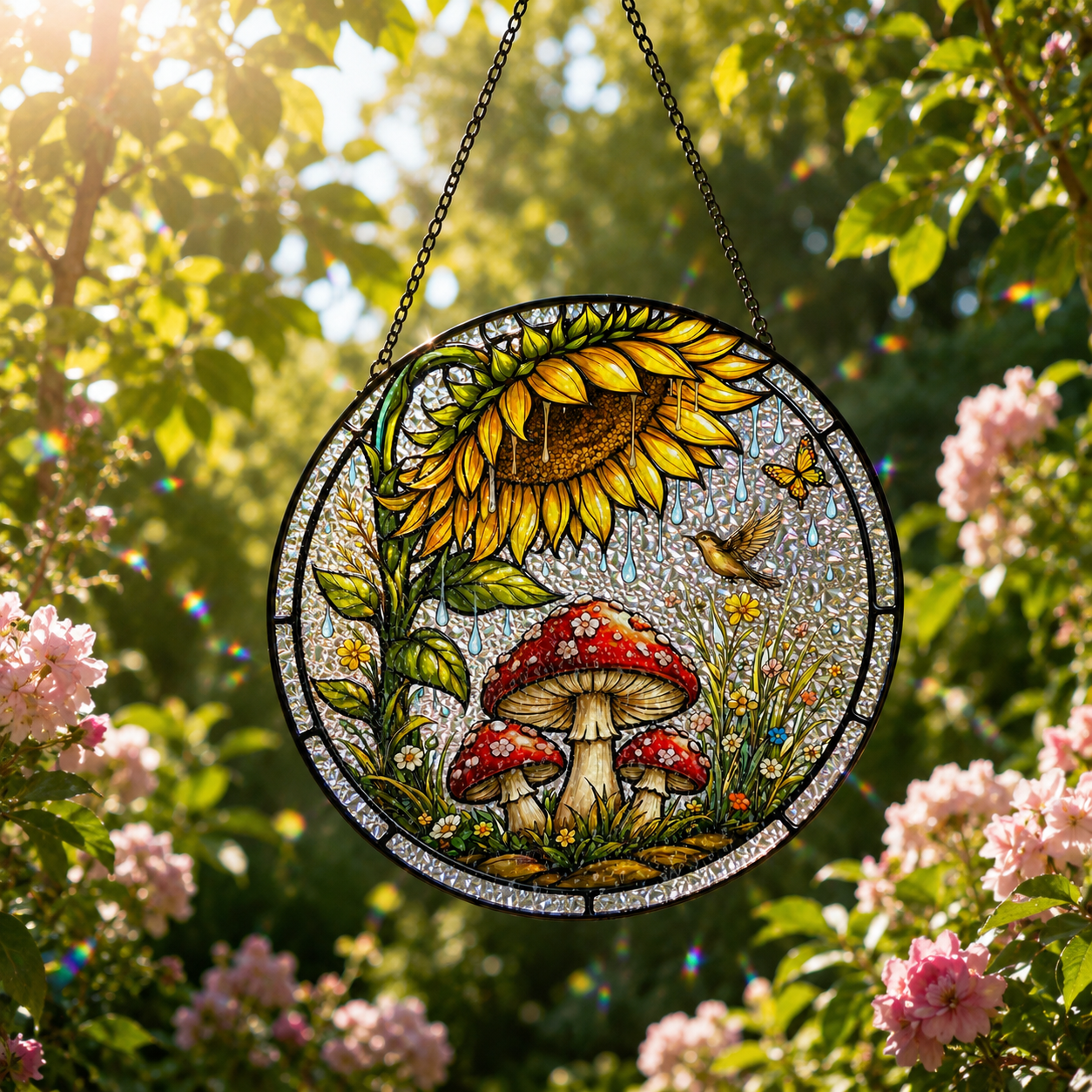 Sunflower Mushroom Stained Glass Suncatcher