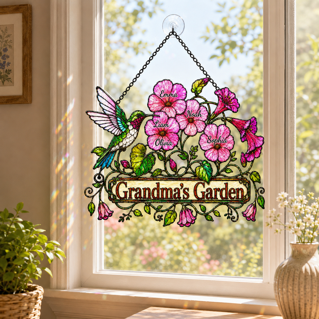 Personalized Nanny's Garden Hummingbird & Pink Blossom Holographic Acrylic Suncatcher