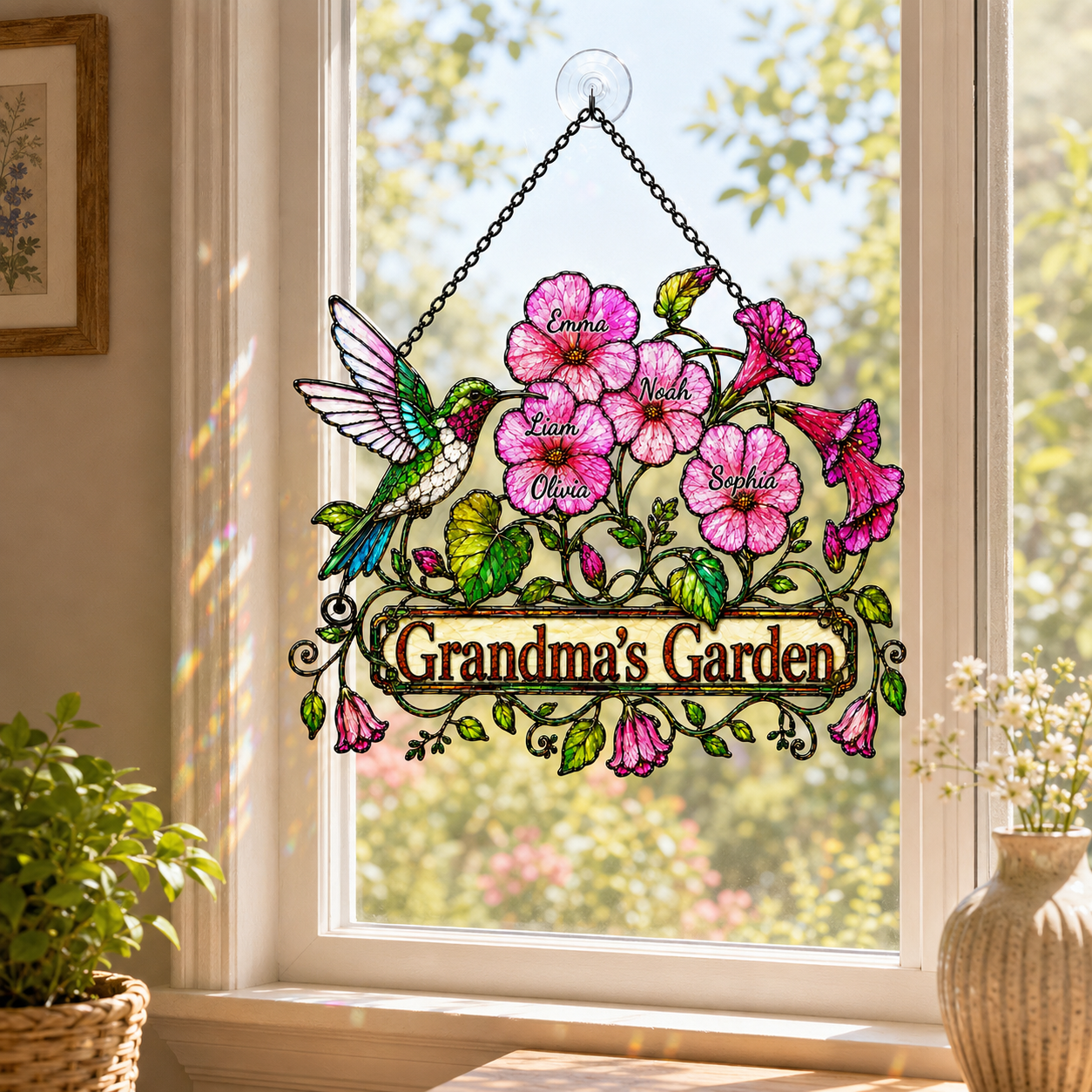 Personalized Nanny's Garden Hummingbird & Pink Blossom Holographic Acrylic Suncatcher