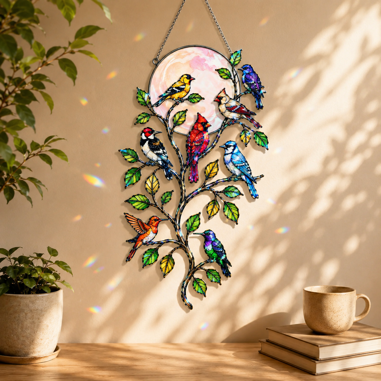 Songbirds on a Branch Pink Moon Holographic Acrylic Suncatcher