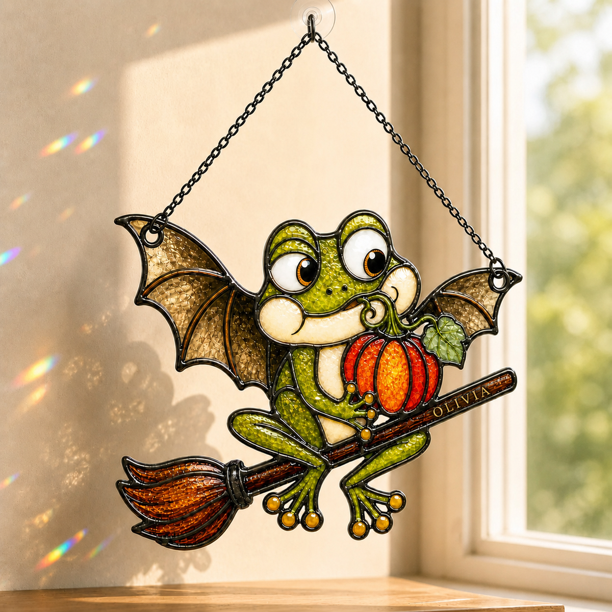 Bat Wing Frog on Broomstick with Pumpkin Holographic Acrylic Suncatcher