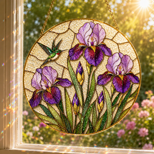 Iris & Hummingbird Stained Glass Suncatcher