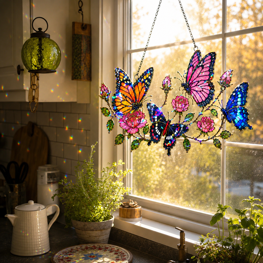 Butterfly Garden & Roses Holographic Acrylic Suncatcher