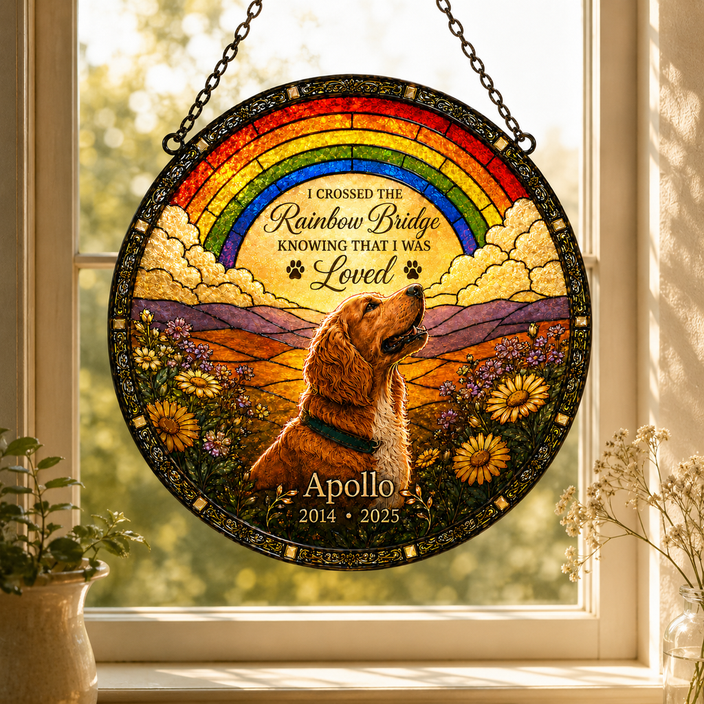 Personalized Rainbow Bridge Dog Memorial Stained Glass Suncatcher