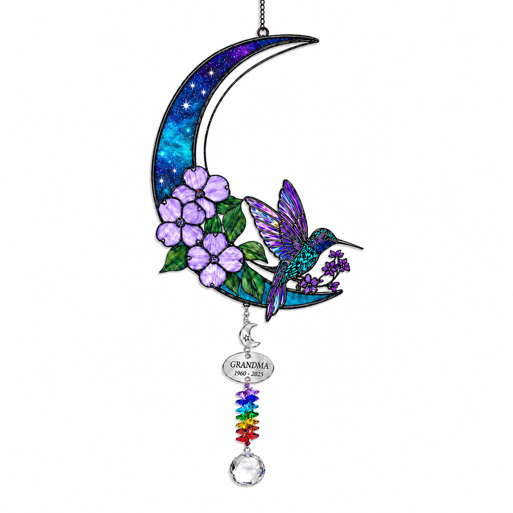 Hummingbird Purple Blossom Crescent Moon Holographic Acrylic Suncatcher