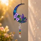 Hummingbird Purple Blossom Crescent Moon Holographic Acrylic Suncatcher