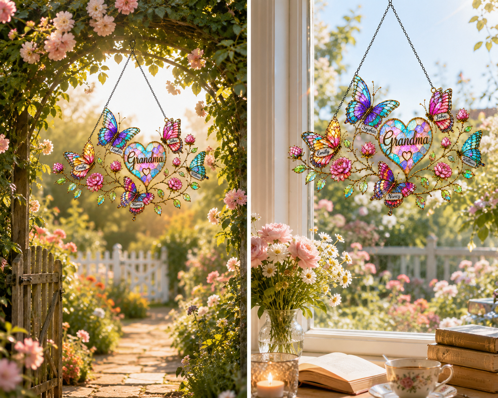 Personalized Grandma Butterfly & Heart Holographic Acrylic Suncatcher