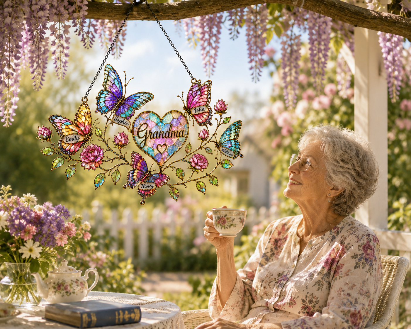 Personalized Grandma Butterfly & Heart Holographic Acrylic Suncatcher