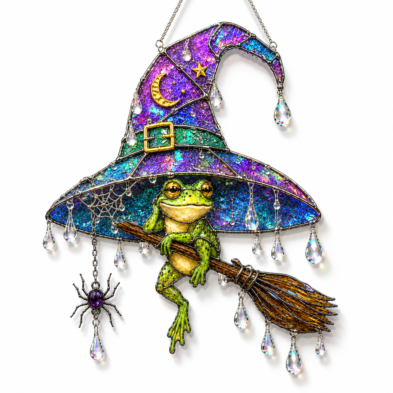 Witch Hat Frog & Broomstick Holographic Acrylic Suncatcher