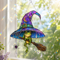 Witch Hat Frog & Broomstick Holographic Acrylic Suncatcher
