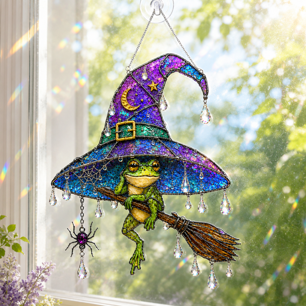 Witch Hat Frog & Broomstick Holographic Acrylic Suncatcher