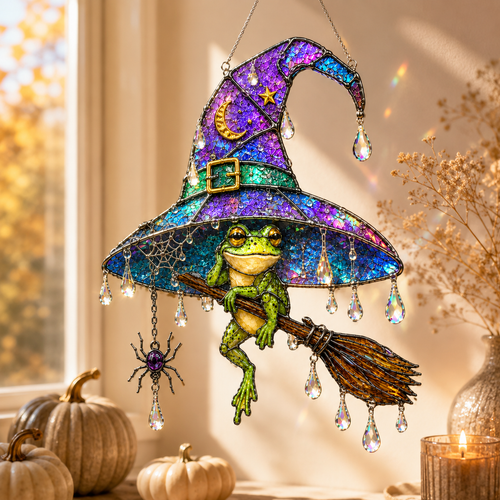 Witch Hat Frog & Broomstick Holographic Acrylic Suncatcher