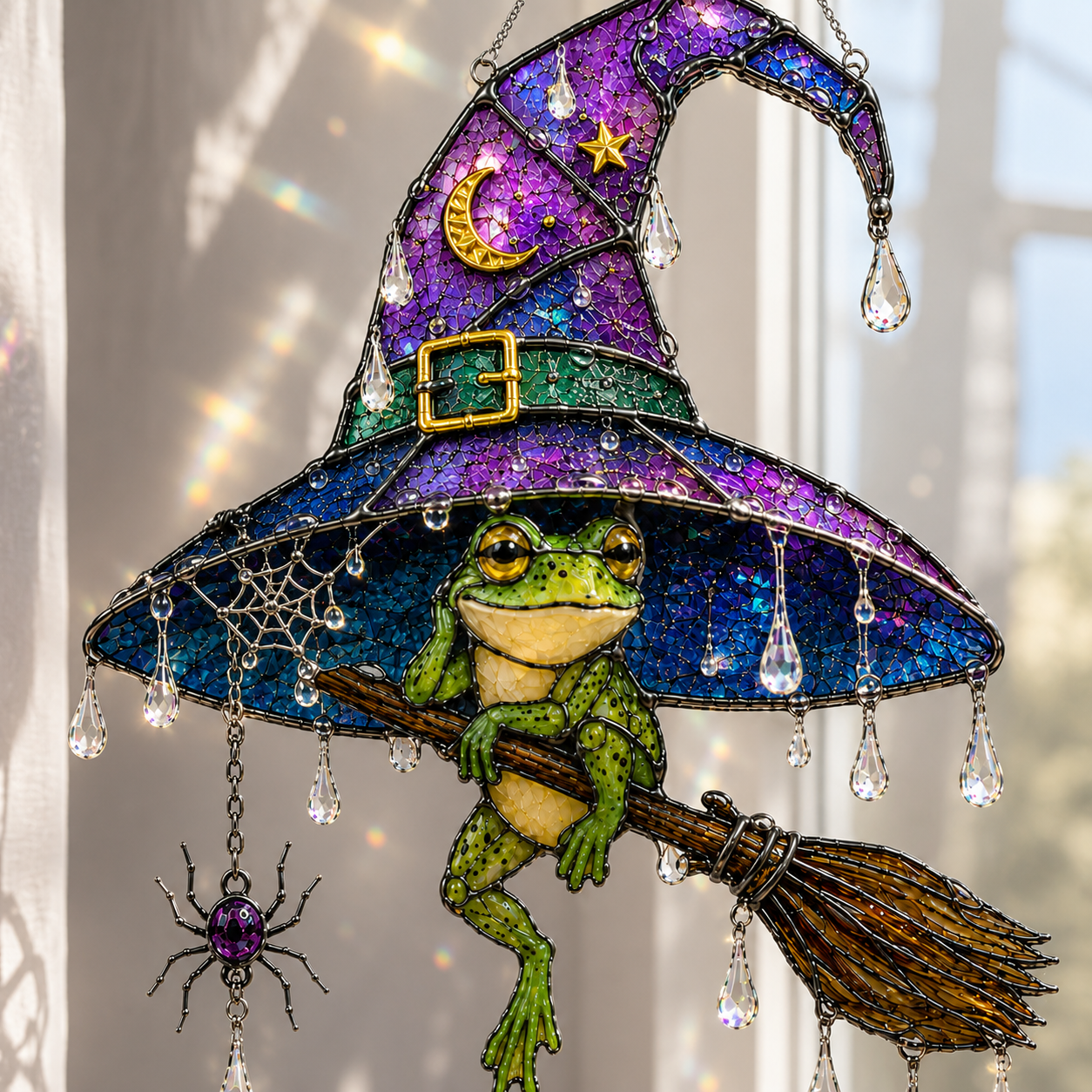 Witch Hat Frog & Broomstick Holographic Acrylic Suncatcher