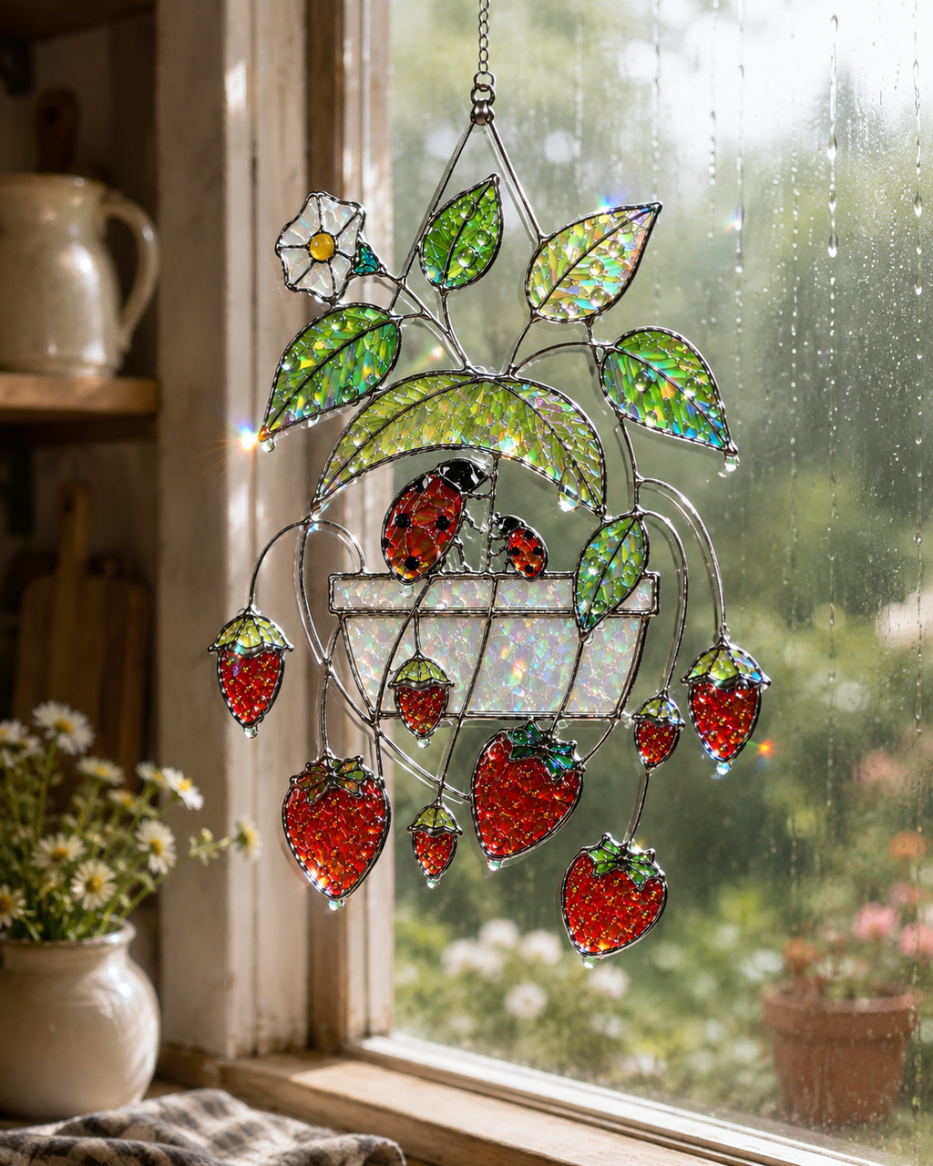 Strawberry & Ladybug Holographic Acrylic Suncatcher
