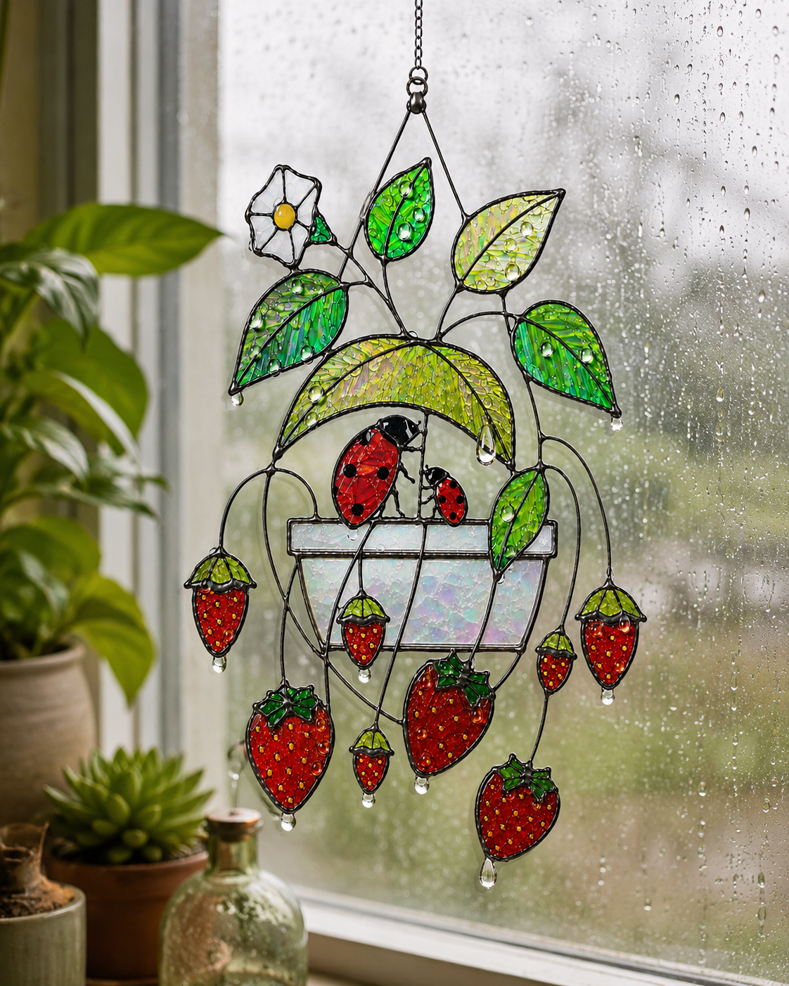 Strawberry & Ladybug Holographic Acrylic Suncatcher