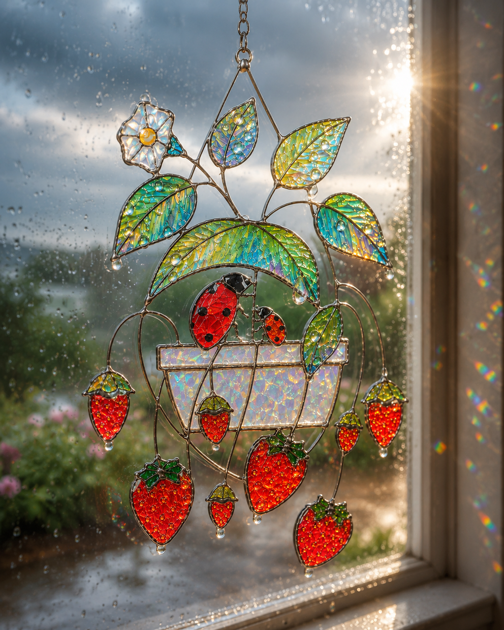 Strawberry & Ladybug Holographic Acrylic Suncatcher