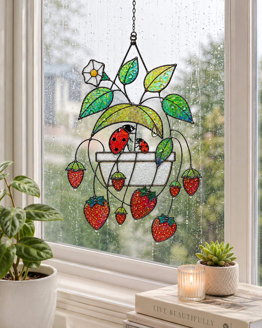 Strawberry & Ladybug Holographic Acrylic Suncatcher