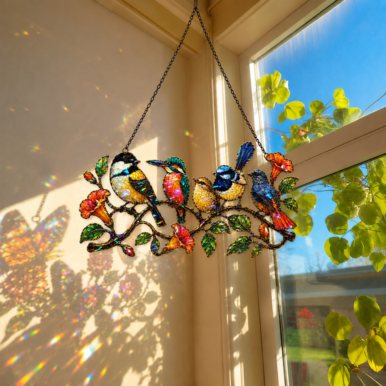 Colorful Birds on a Branch Holographic Acrylic Suncatcher
