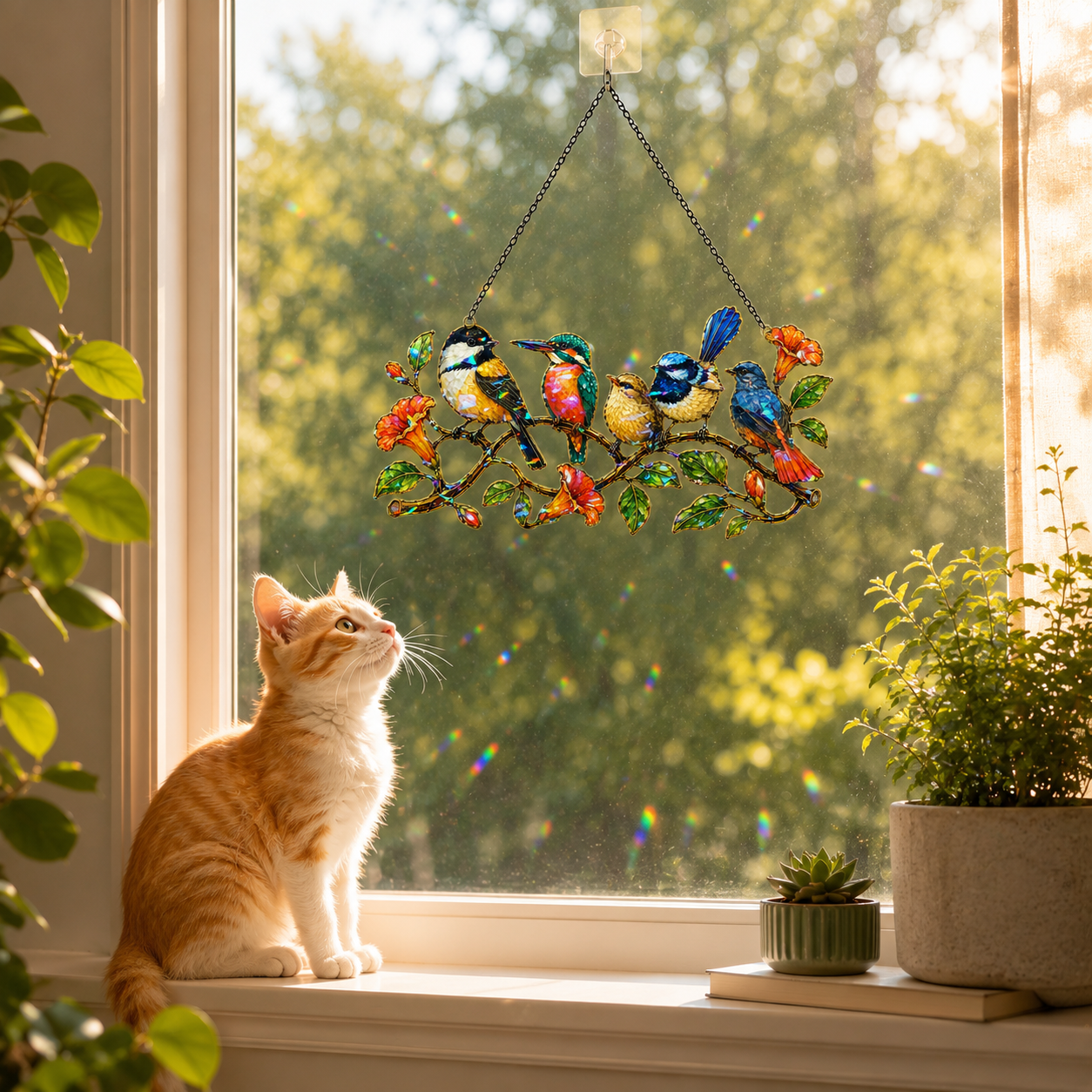 Colorful Birds on a Branch Holographic Acrylic Suncatcher