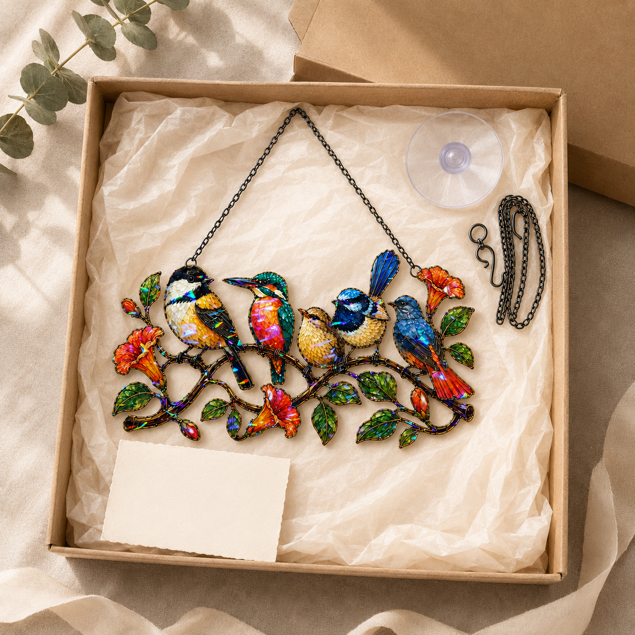 Colorful Birds on a Branch Holographic Acrylic Suncatcher