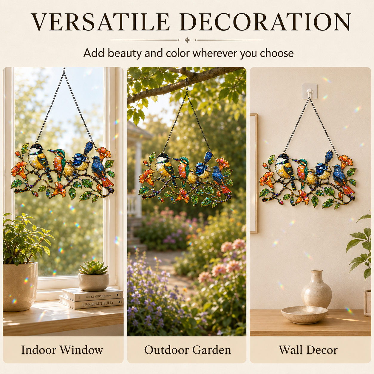 Colorful Birds on a Branch Holographic Acrylic Suncatcher