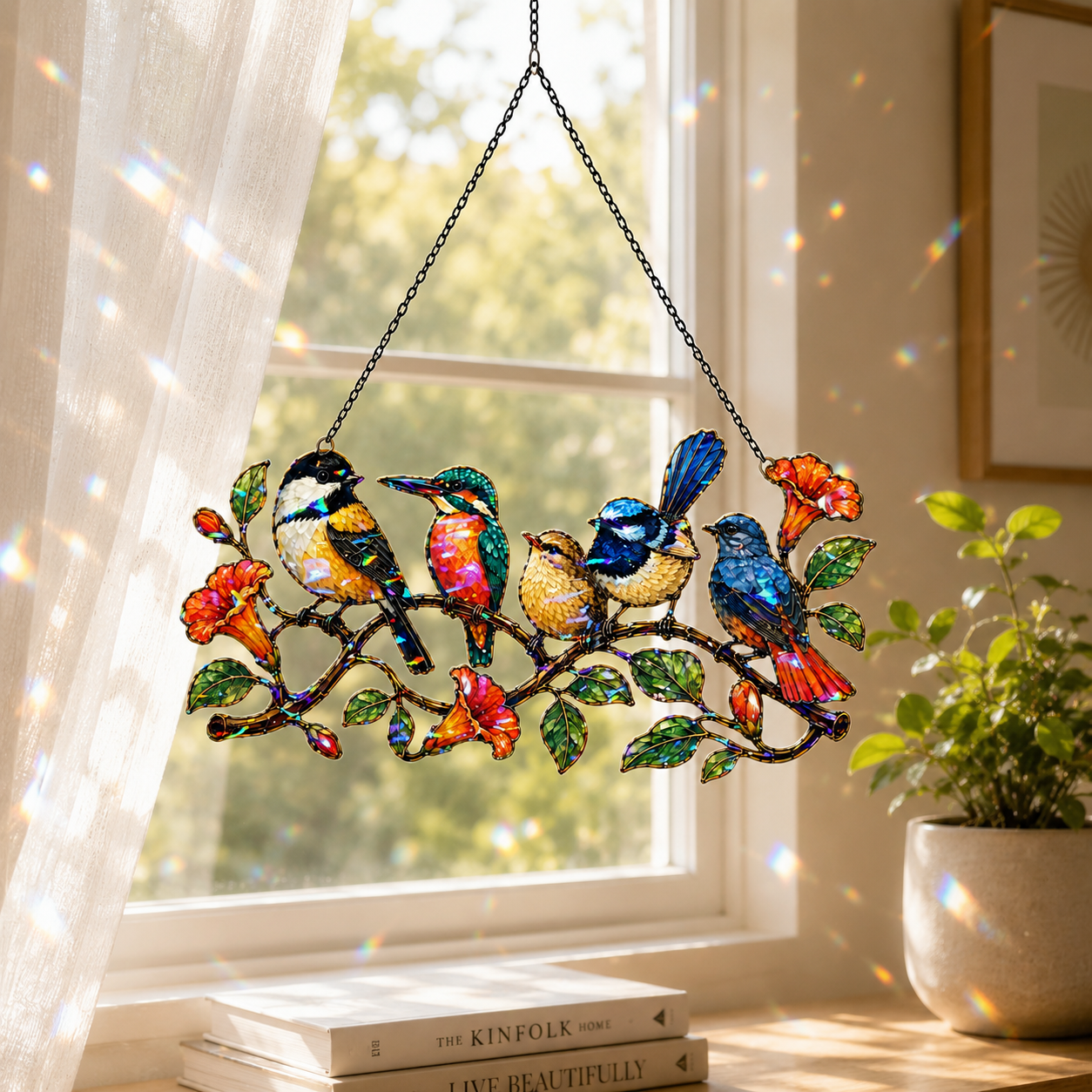 Colorful Birds on a Branch Holographic Acrylic Suncatcher