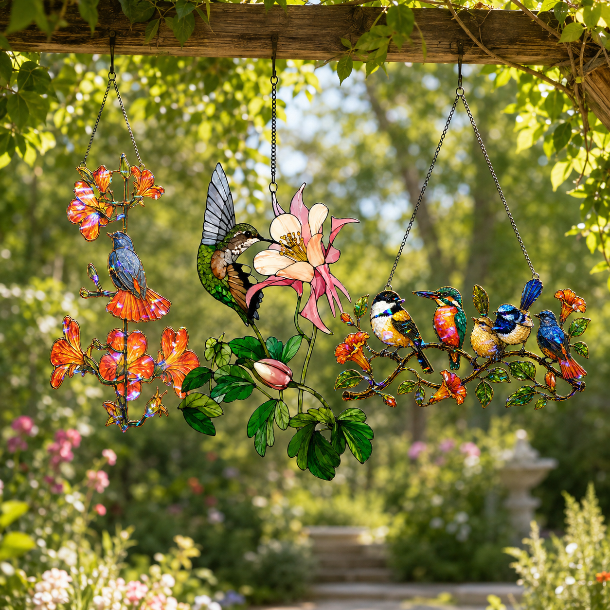 Colorful Birds on a Branch Holographic Acrylic Suncatcher