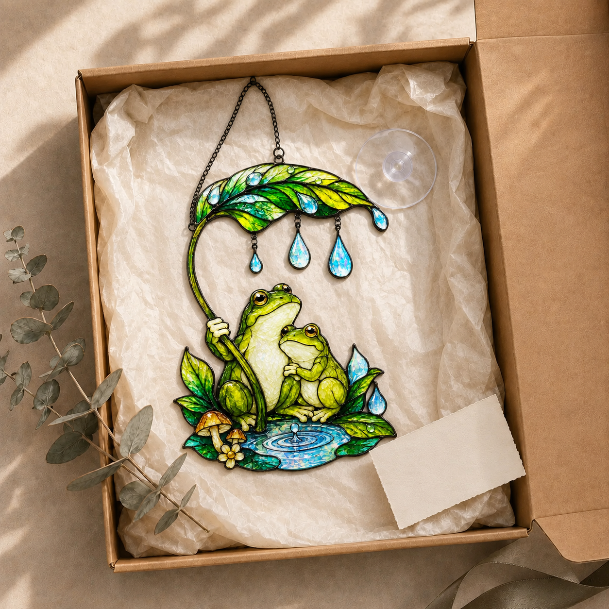 Frog Couple & Leaf Umbrella Holographic Acrylic Suncatcher