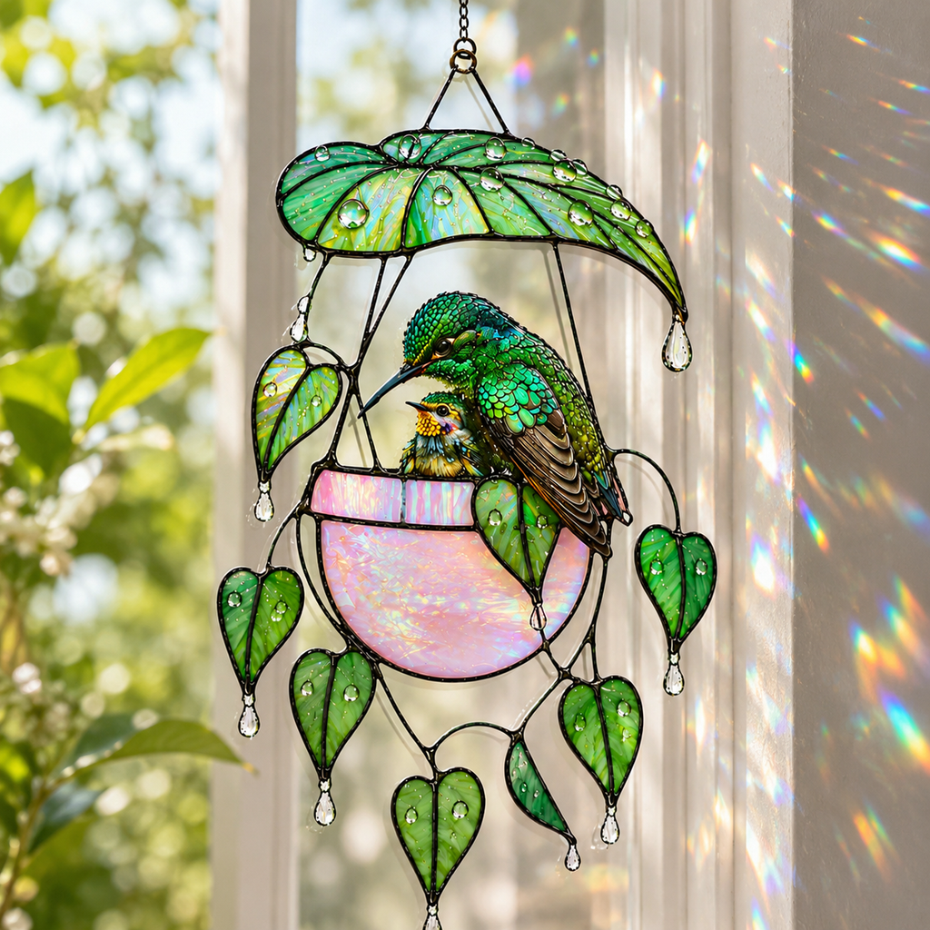 Hummingbird & Hanging Planter Holographic Acrylic Suncatcher