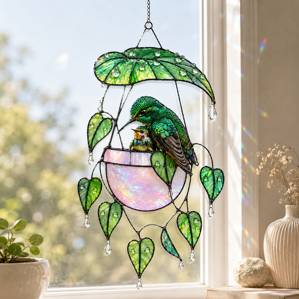 Hummingbird & Hanging Planter Holographic Acrylic Suncatcher