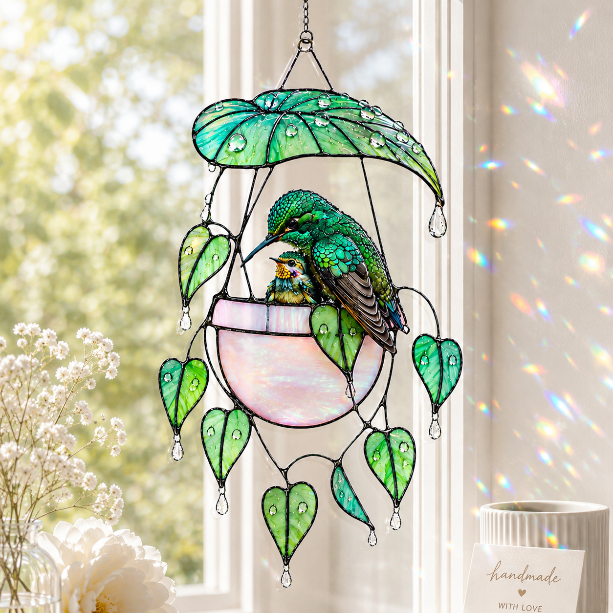 Hummingbird & Hanging Planter Holographic Acrylic Suncatcher