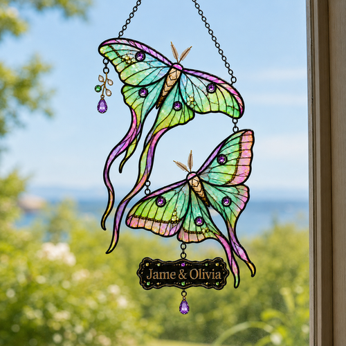 Personalized Luna Moth Couple Holographic Acrylic Suncatcher
