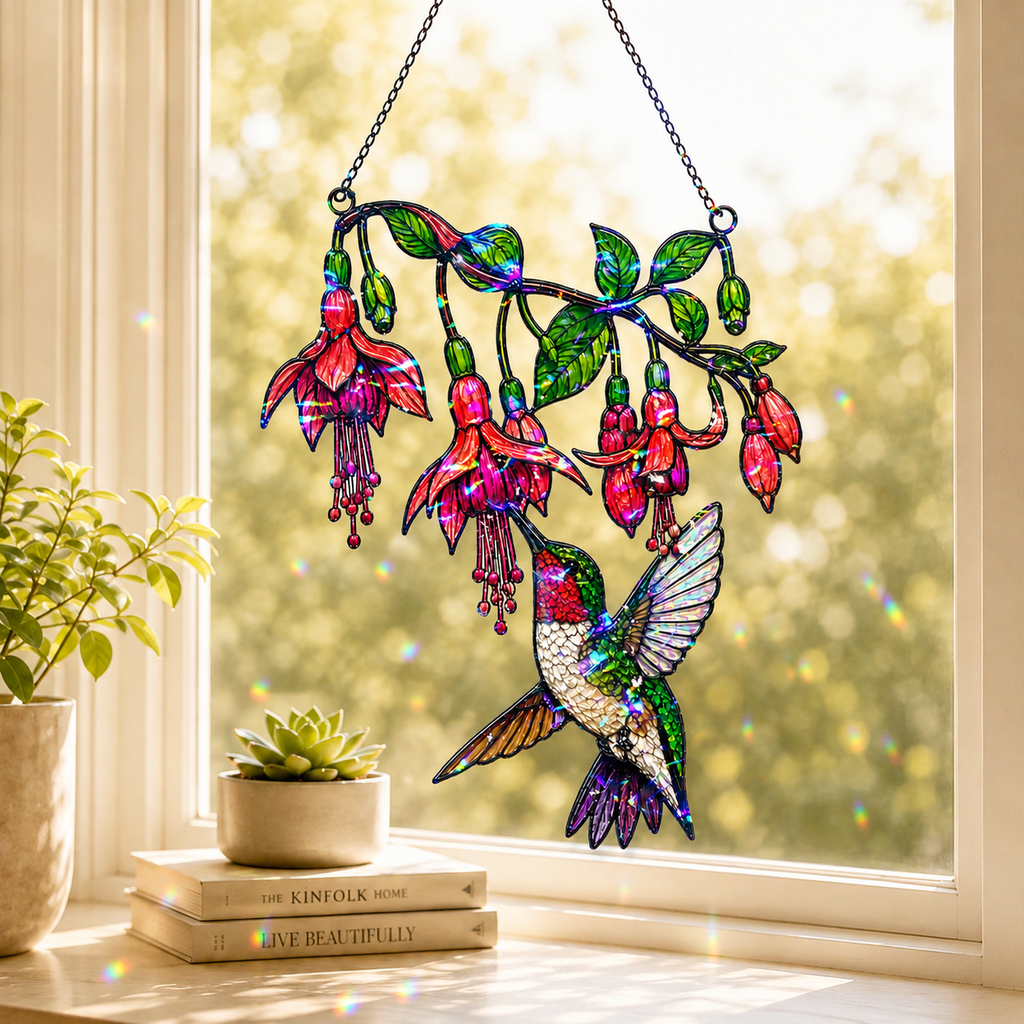 Fuchsia Hummingbird Holographic Acrylic Suncatcher