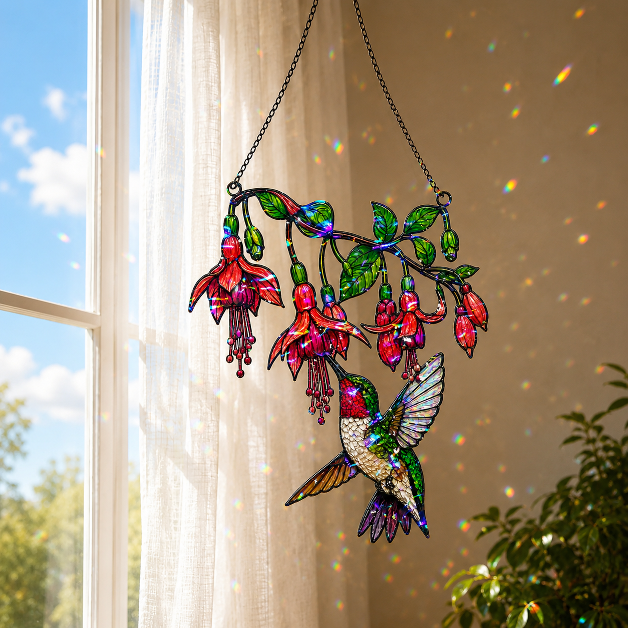 Fuchsia Hummingbird Holographic Acrylic Suncatcher
