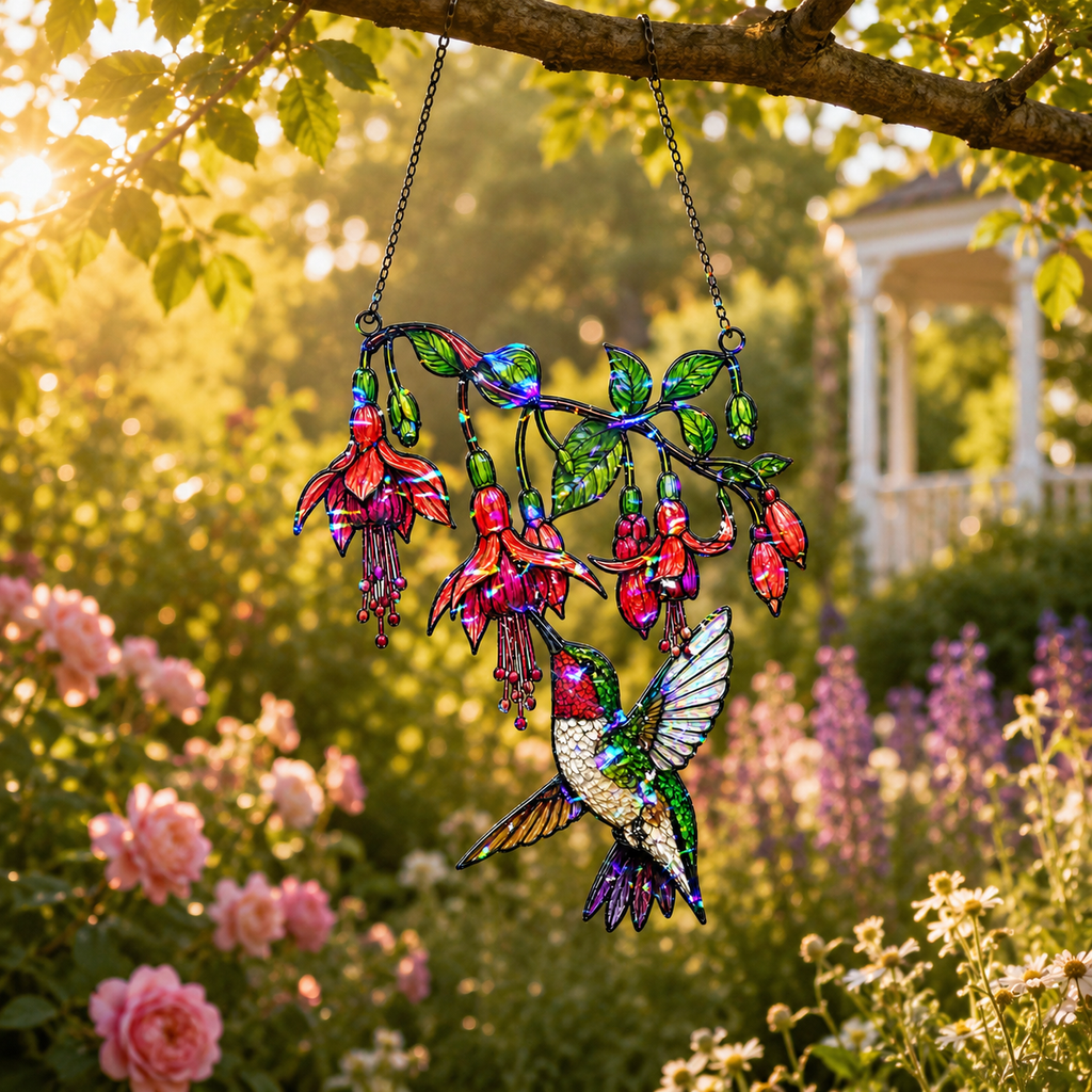 Fuchsia Hummingbird Holographic Acrylic Suncatcher