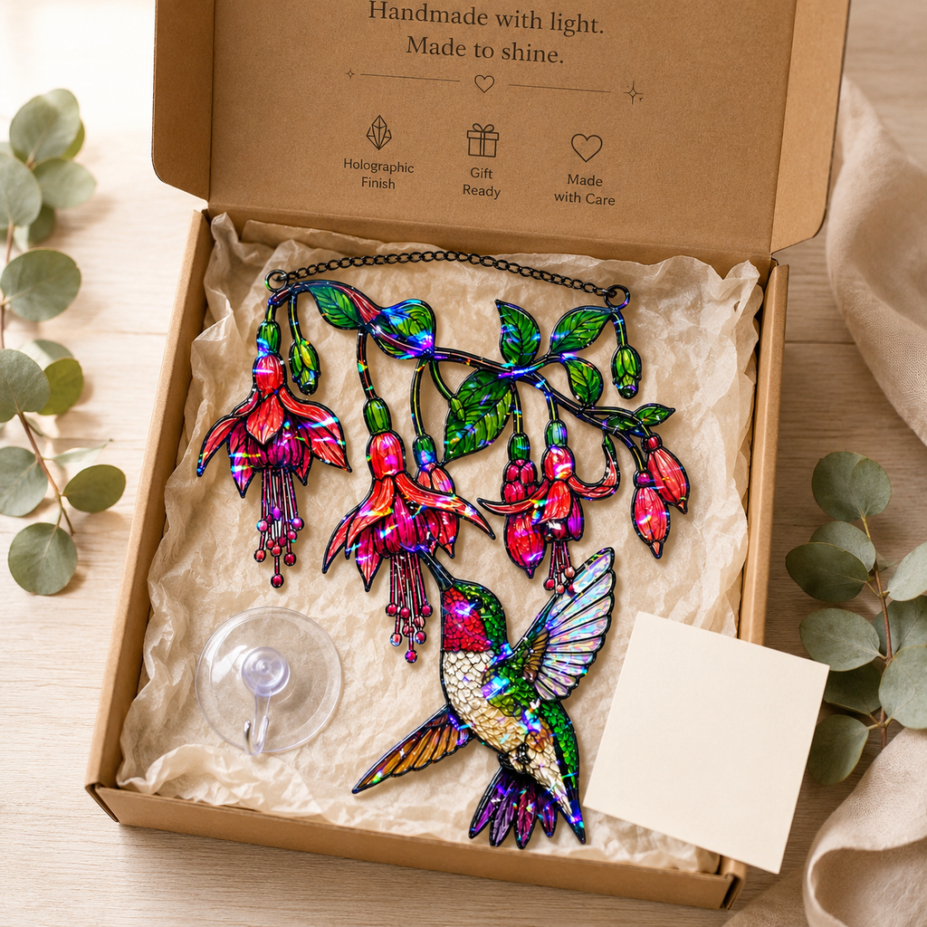 Fuchsia Hummingbird Holographic Acrylic Suncatcher