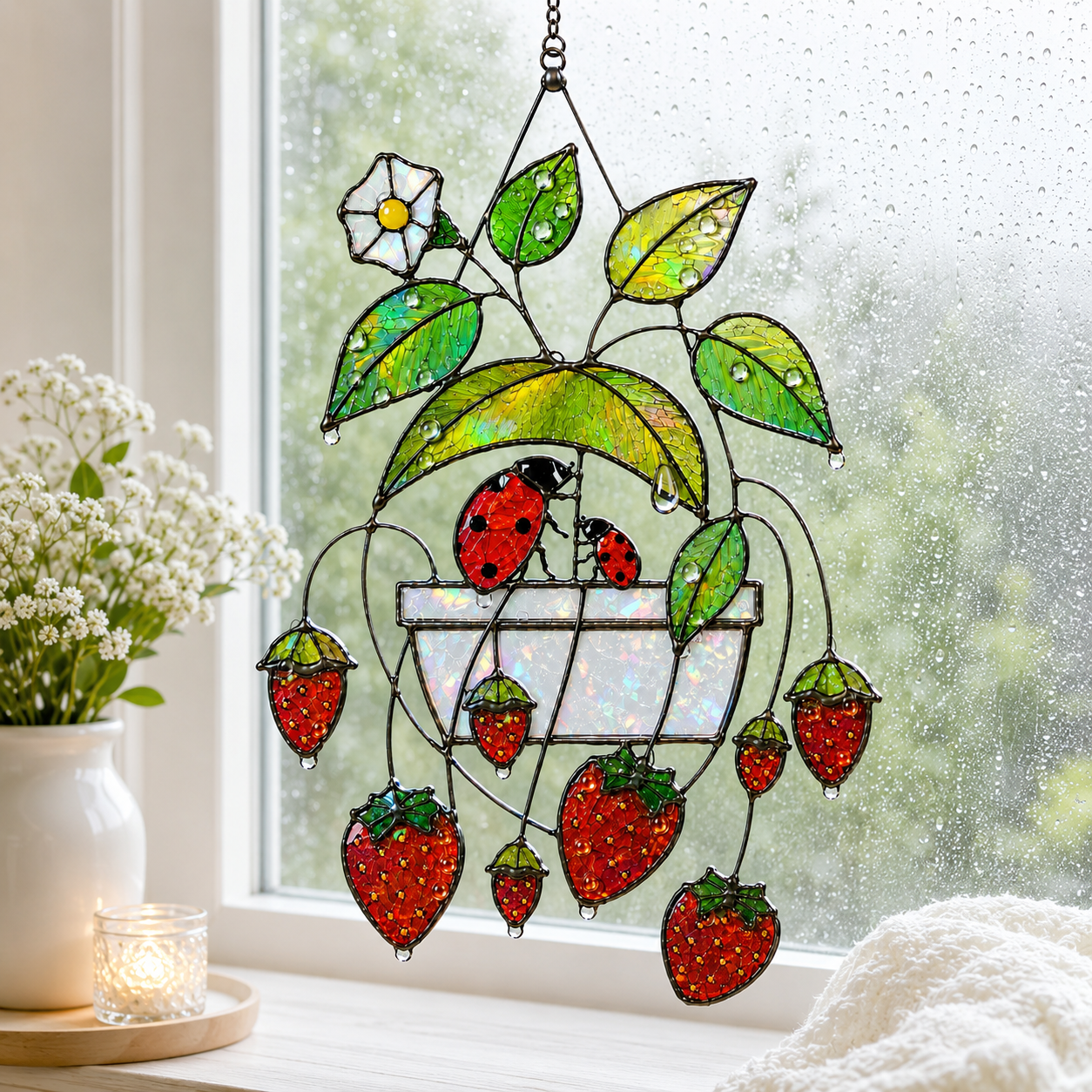Strawberry & Ladybug Holographic Acrylic Suncatcher