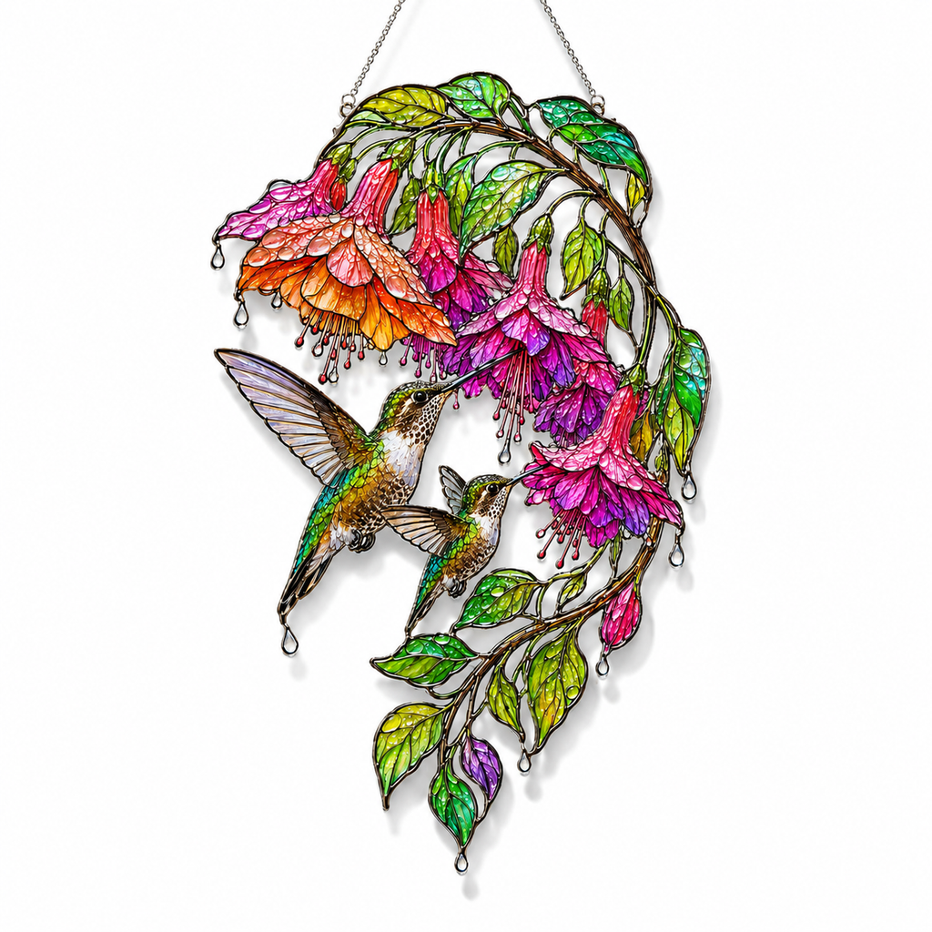 Hummingbird & Fuchsia Holographic Acrylic Suncatcher