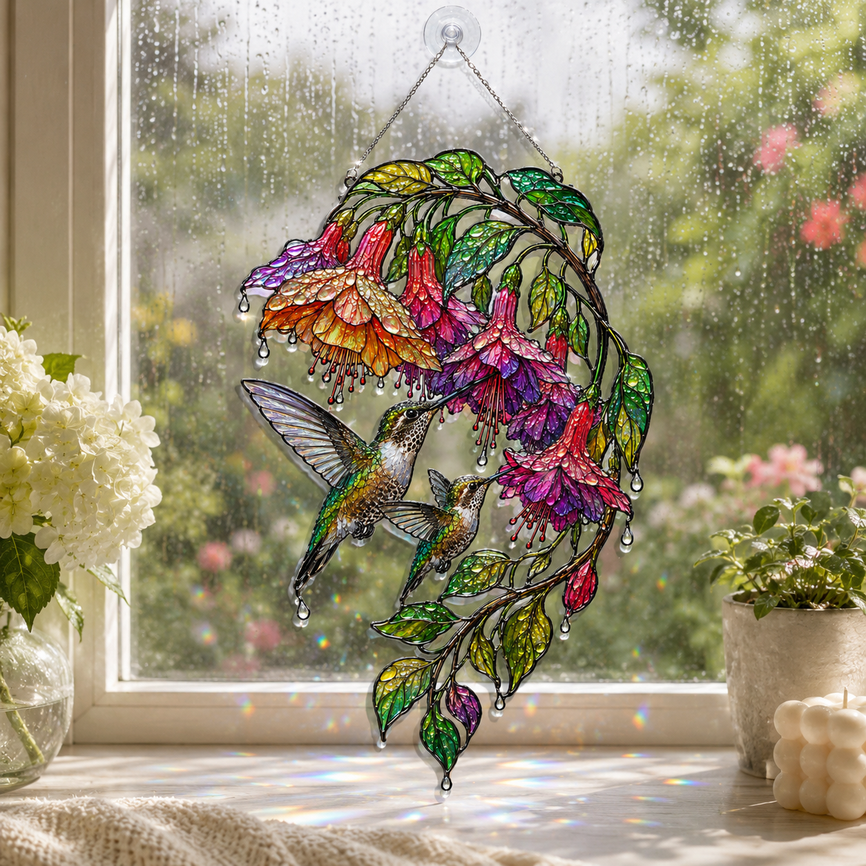 Hummingbird & Fuchsia Holographic Acrylic Suncatcher